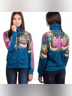 adidas Teal Printed Women’s Varsity Track Jacket with Pink Logo
